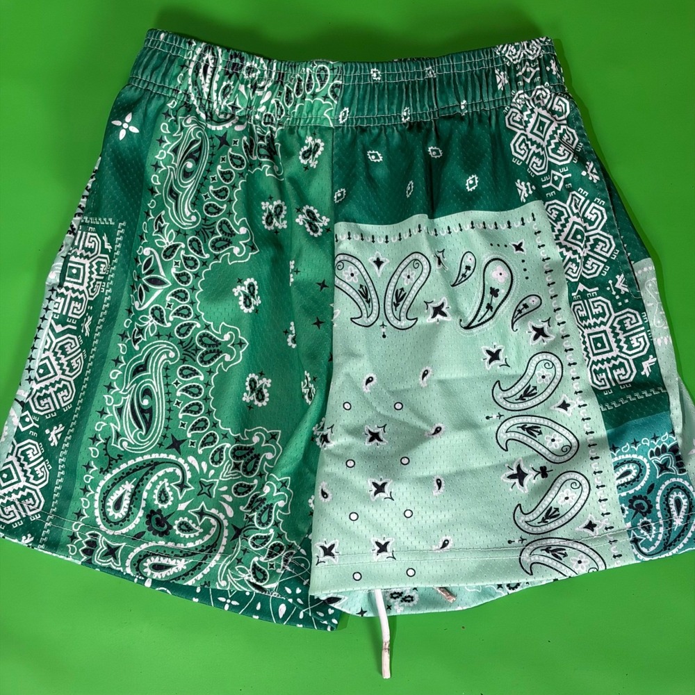 Bravest Studios Paisley Mesh Shorts Mens M Streetwear Green Bandana Print AOP